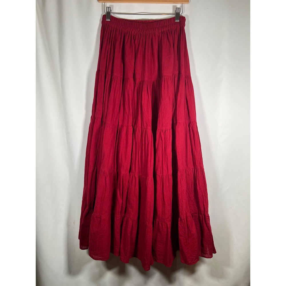 Red Tiered Cotton Maxi Skirt Boho Cottagecore Elastic Waist Gauze Long Skirt